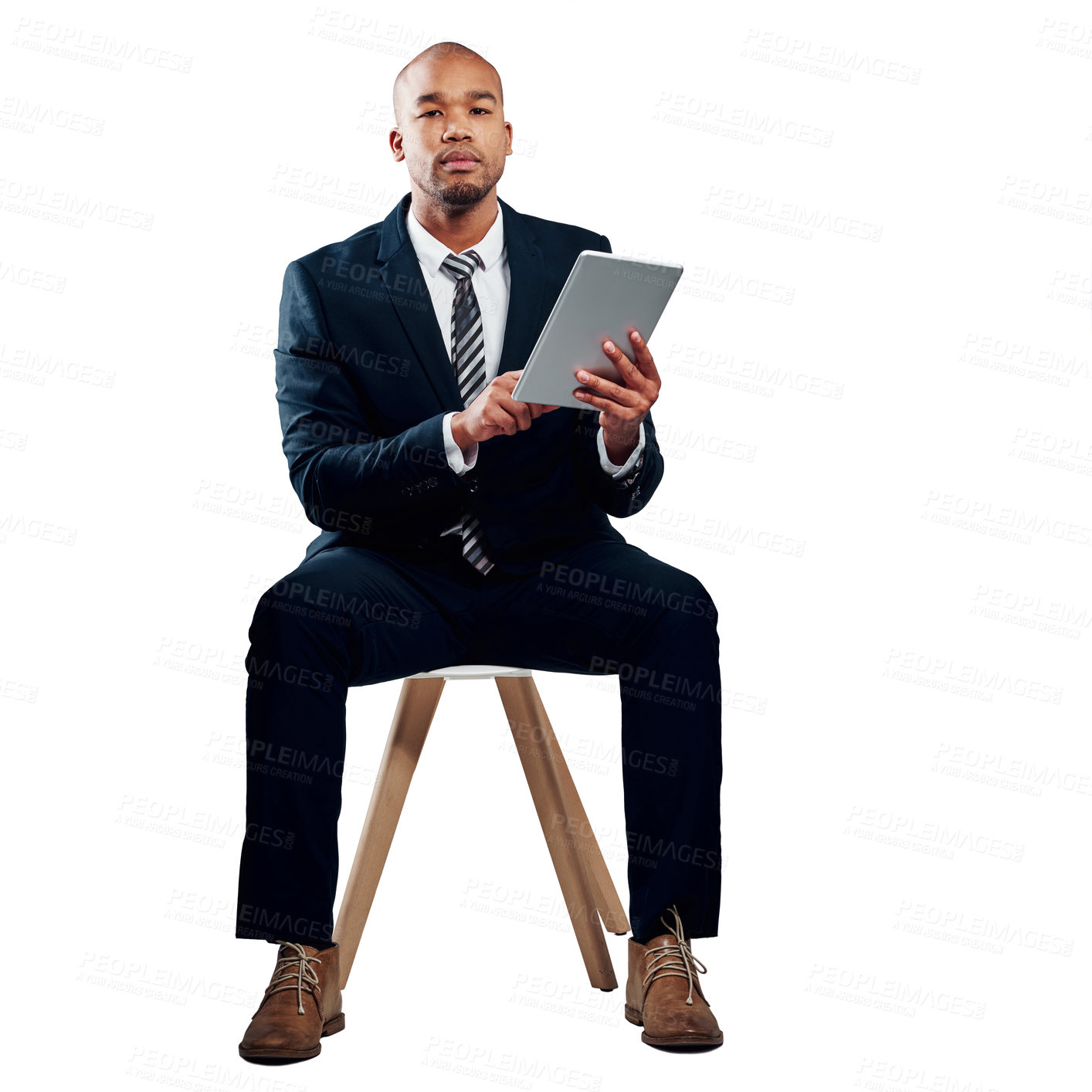 Buy stock photo Businessman, portrait and research with tablet, studio and risk assessment for proposal or confident. White background, investment banker and person with tech for project, online and mockup space