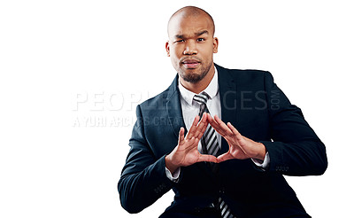 Buy stock photo Studio shot of a handsome young businessman making a triangle shape with his hands against a white background