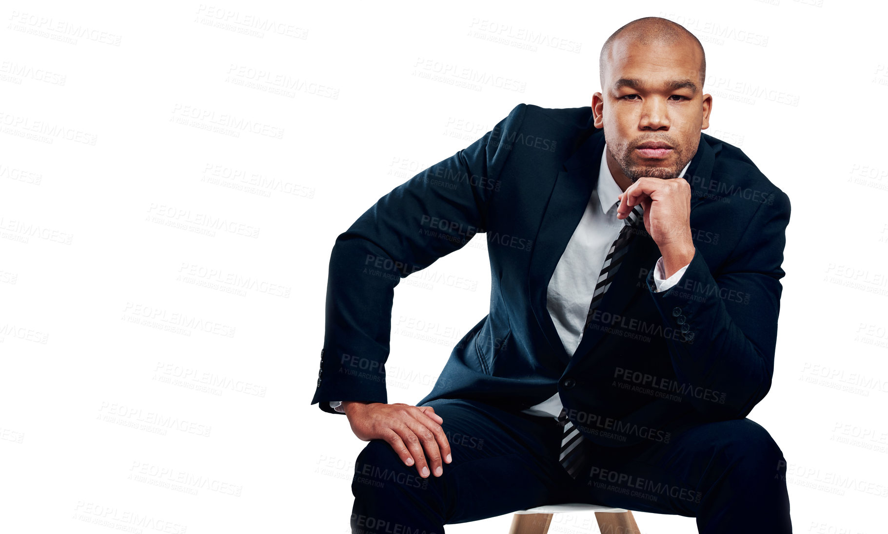 Buy stock photo Portrait, serious and business man in studio for corporate career, about us and investment banker. African person, confidence and finance professional on chair, mockup space and white background