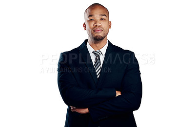 Buy stock photo Studio shot of a handsome young businessman posing against a white background