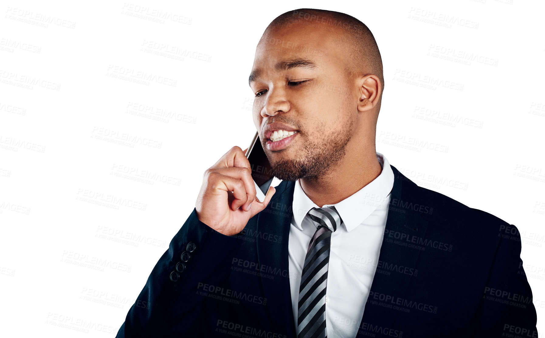 Buy stock photo Studio shot of a handsome young businessman on a call against a white background