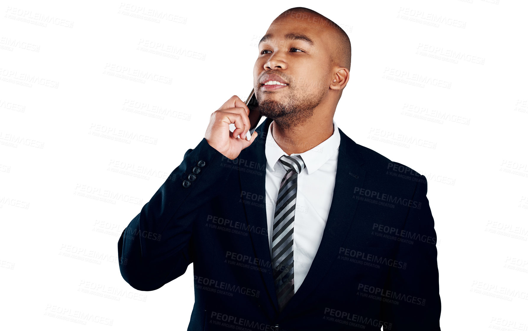 Buy stock photo Studio shot of a handsome young businessman on a call against a white background