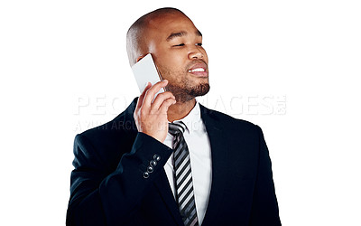Buy stock photo Studio shot of a handsome young businessman on a call against a white background