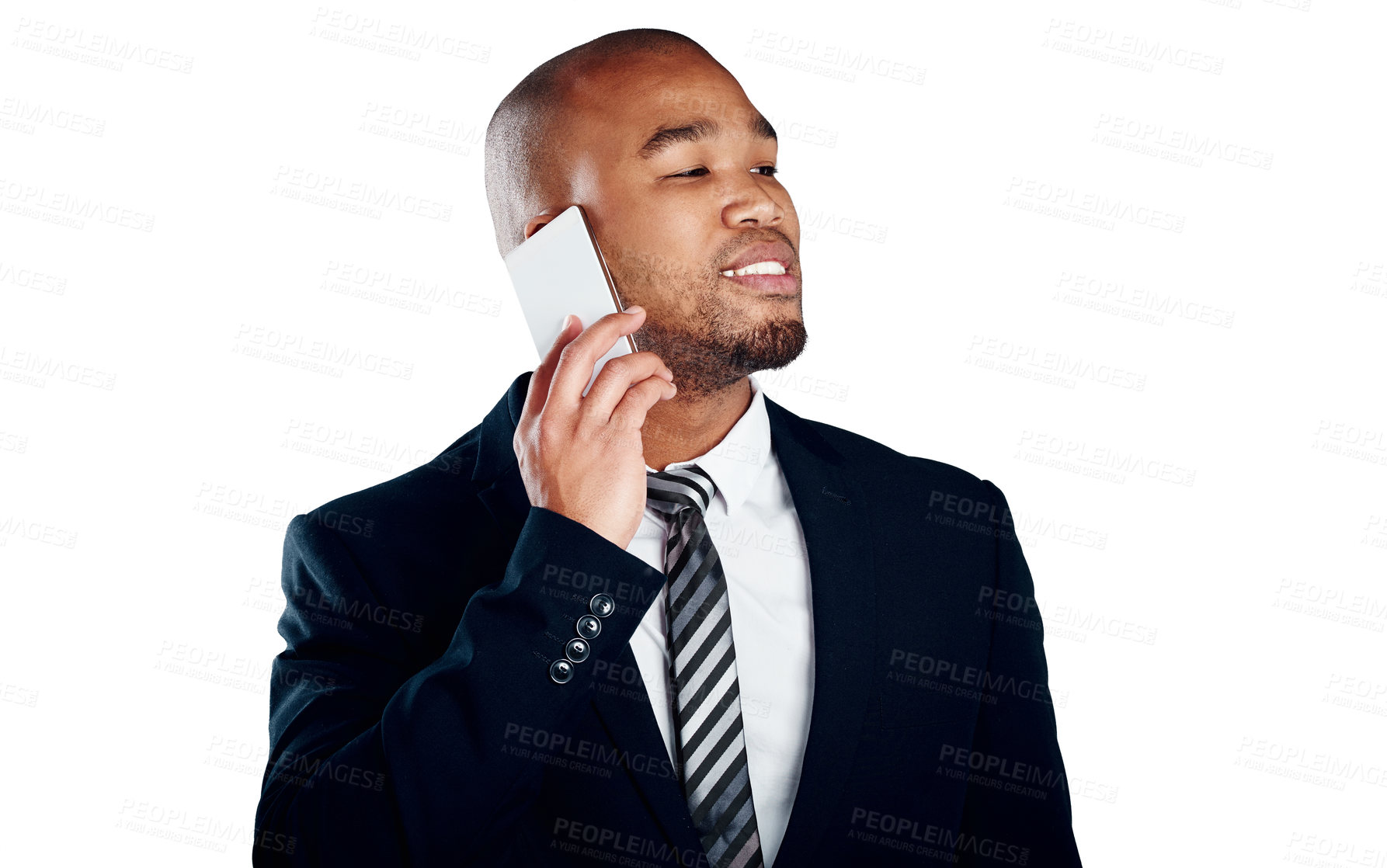 Buy stock photo Studio shot of a handsome young businessman on a call against a white background