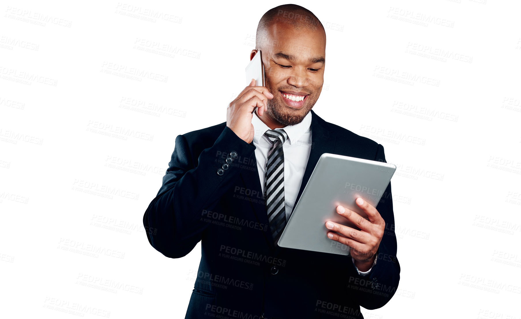 Buy stock photo Phone call, attorney and tablet in studio for conversation, legal case and litigation. Lawyer, African man and technology for law firm with business, advice and discussion on white background
