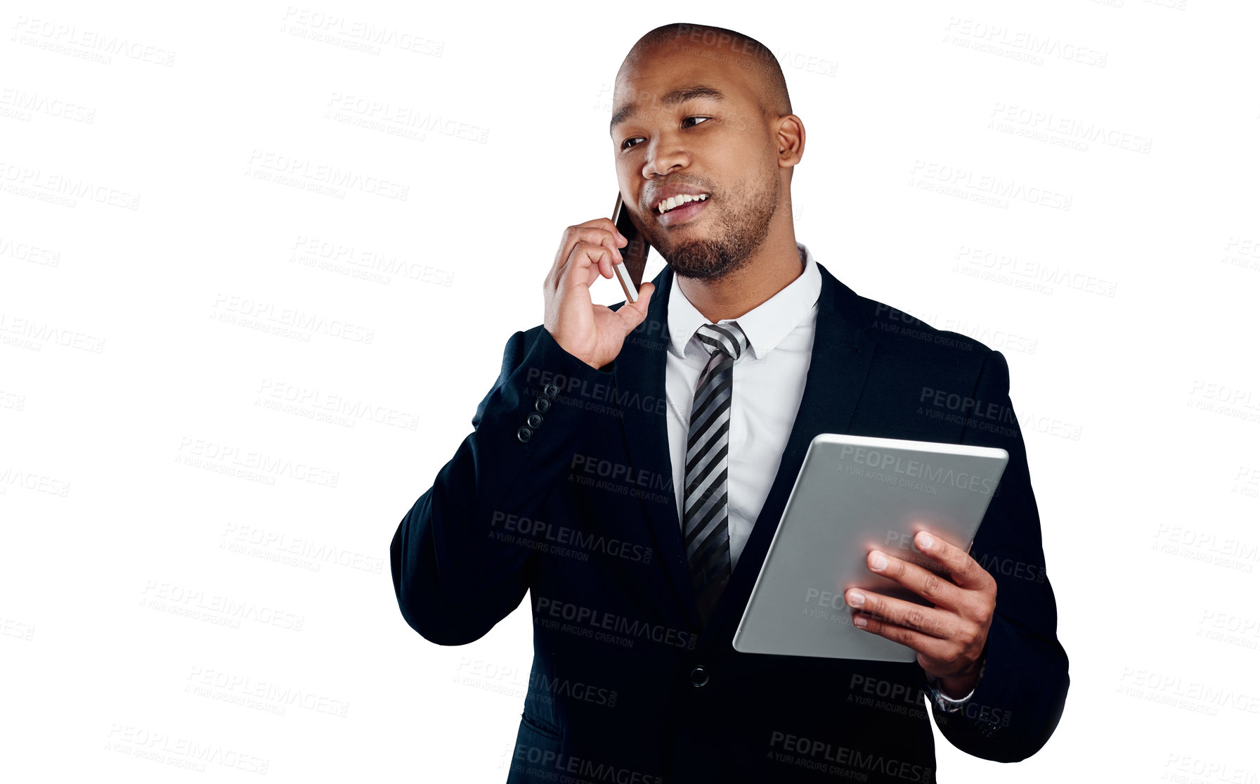 Buy stock photo Studio shot of a handsome young businessman on a call and using a tablet against a white background