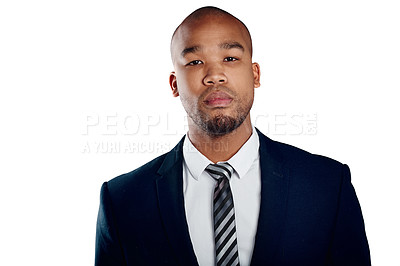 Buy stock photo Studio shot of a handsome young businessman posing against a white background