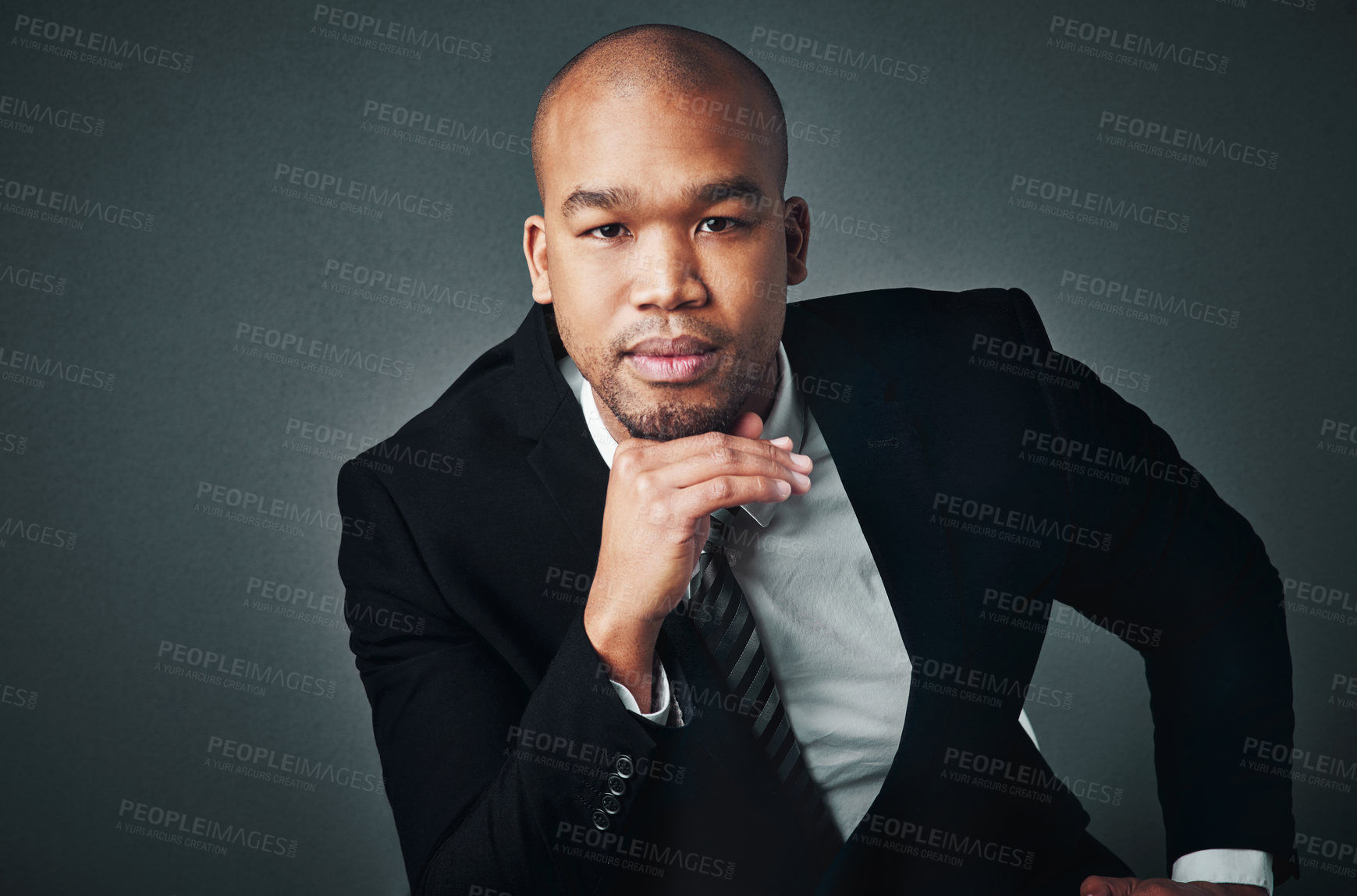 Buy stock photo Portrait, corporate and business man in studio for career, about us and confident lawyer. African person, serious attorney and legal advisor with pride, justice and professional on gray background