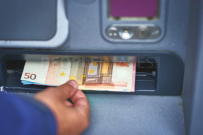 Buy stock photo Hand, atm and bank notes for cash withdrawal, transaction and account balance for access, money and debit. Closeup, person and transaction at machine for payment, buying or deposit in digital banking