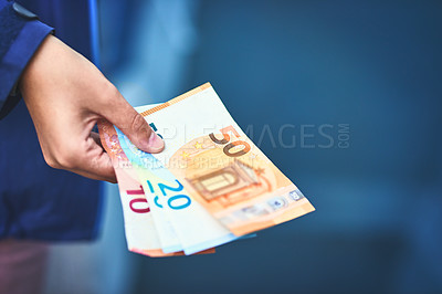 Buy stock photo Hands, money and bank notes for payment with buying, shopping and purchase for goods. Closeup, person and financial savings with income, profit and salary for bills or debt with budget and exchange