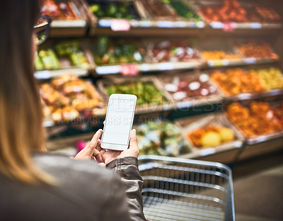 Buy stock photo Grocery, screen and woman with smartphone, shopping and internet with retail, social media and connection. Closeup, customer and person with cellphone, store and mockup space with mobile user and app