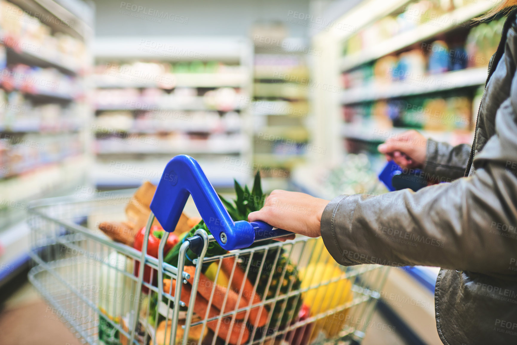 Buy stock photo Cropped shot of a woman pushing a trolley while shopping at a grocery store