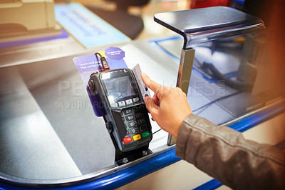 Buy stock photo Hand, pos machine and credit card for swiping, banking and account funds for access, money and debit. Fintech, person and cashless purchase with e commerce, payment or sale in digital scanner
