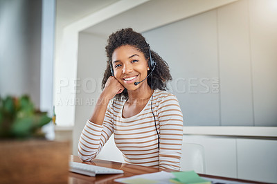 Buy stock photo Call center, virtual assistant or portrait of friendly black woman in communication, speaking or talking. Customer services, smile or happy sales agent girl with microphone at technical support 