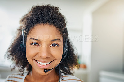 Buy stock photo Face, portrait or happy black woman in call center with smile talking or networking in telemarketing. Smiling, microphone or friendly sales agent in communication at customer services or tech support