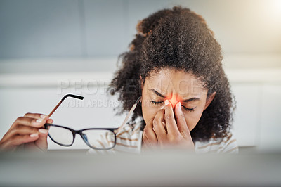 Buy stock photo Eye strain, burnout or black woman with headache, stress or exhausted with fatigue, anxiety or depression. Tired employee, glasses or journalist with migraine pain, red glow or frustrated by mistake