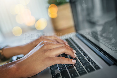 Buy stock photo Hands, editor or woman typing on laptop for networking on email or online research project on keyboard. Editing closeup, digital or girl copywriting on blog website, feedback or internet articles