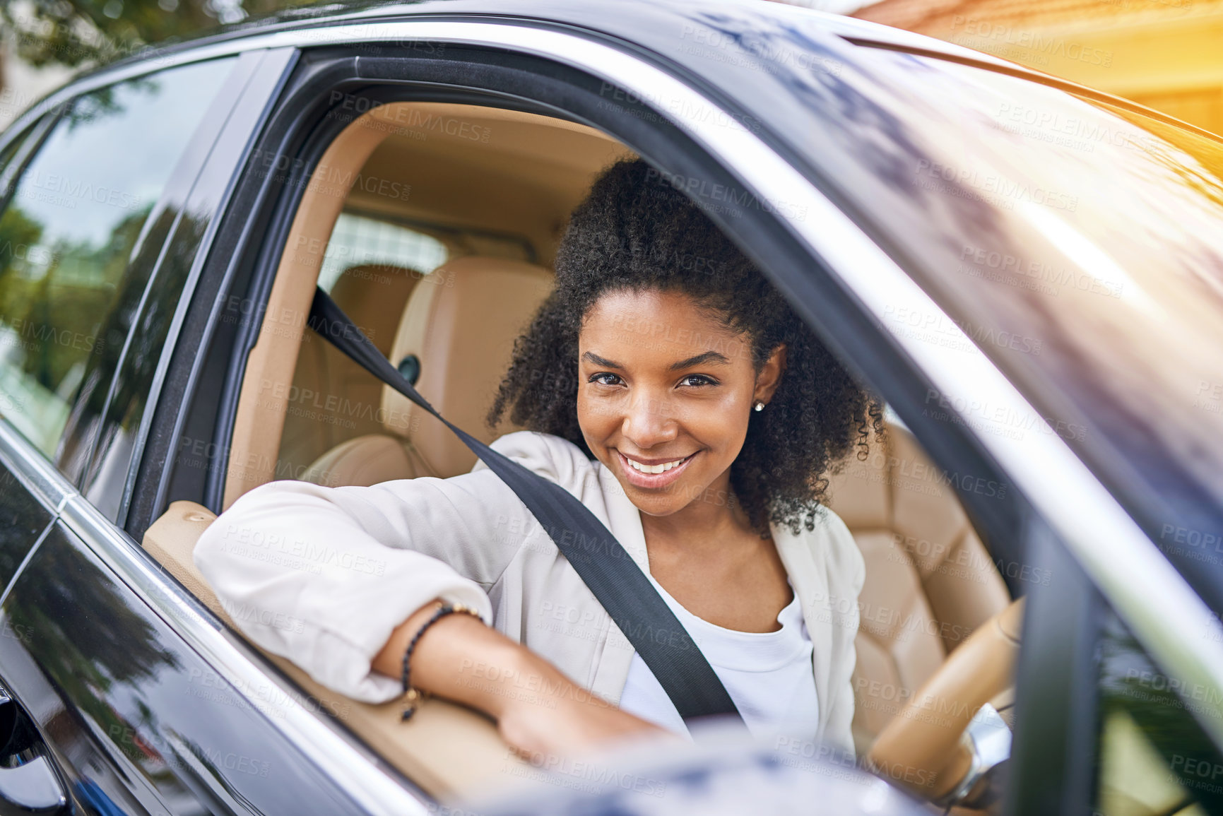 Buy stock photo Portrait, happy black woman and car for travel, morning commute and journey to work. Face, smile and business person in vehicle for transport, road trip and insurance consultant driving in Zimbabwe