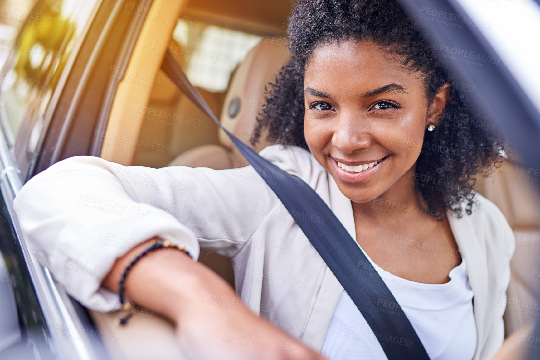 Buy stock photo Portrait, happy black woman and car for journey, morning commute and travel to work. Face, smile and business person in vehicle for transport, road trip and insurance consultant driving in Tanzania