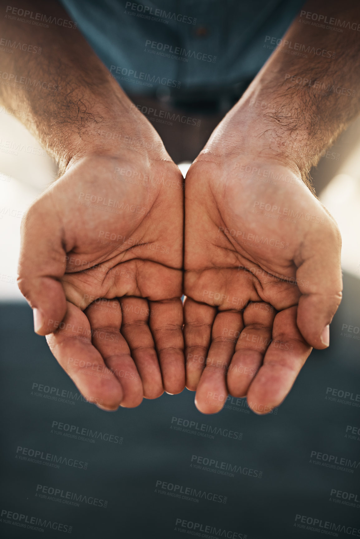 Buy stock photo Business person, hands and palm closeup for charity, donation and asking for finance support above. Financial aid, begging or investment request with employee offer and cupping emoji gesture for help