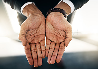 Buy stock photo Business person, hands and palm closeup for donation, charity and asking for finance support above. Financial aid, begging or investment request with employee offer and cupping emoji gesture for help