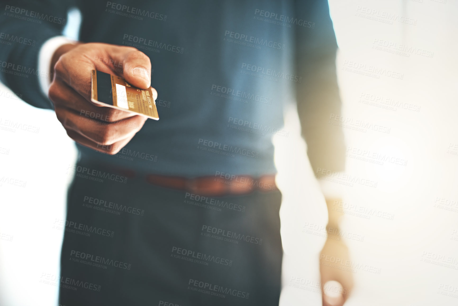 Buy stock photo Business person, hands and credit card for offer of payment, loan and capital investment with shopping or commerce. Startup worker, trader or entrepreneur with exchange in banking, savings or finance