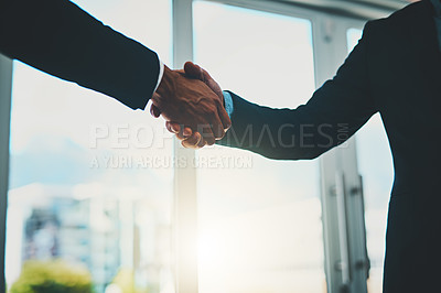 Buy stock photo Business people, collaboration and shaking hands in office for agreement, deal negotiation and b2b partnership. Employees, closeup handshake and welcome for we are hiring, recruitment and onboarding