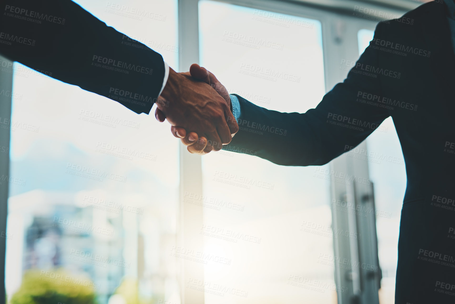 Buy stock photo Business people, collaboration and shaking hands in office for agreement, deal negotiation and b2b partnership. Employees, closeup handshake and welcome for we are hiring, recruitment and onboarding