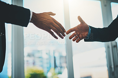 Buy stock photo Corporate people, reaching and shaking hands for support, helping or b2b collaboration in office deal with trust. Investor clients with handshake for meeting, partnership or small business rescue