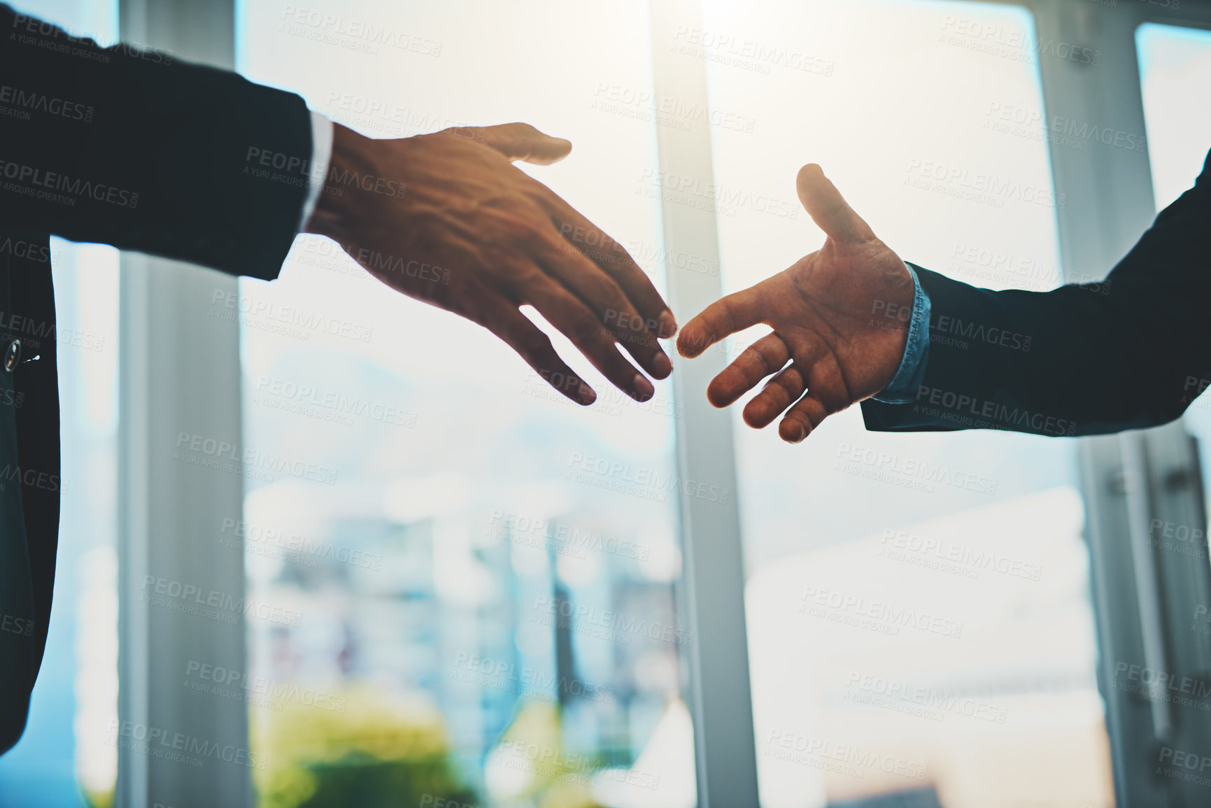 Buy stock photo Corporate people, reaching and shaking hands for support, helping or b2b collaboration in office deal with trust. Investor clients with handshake for meeting, partnership or small business rescue