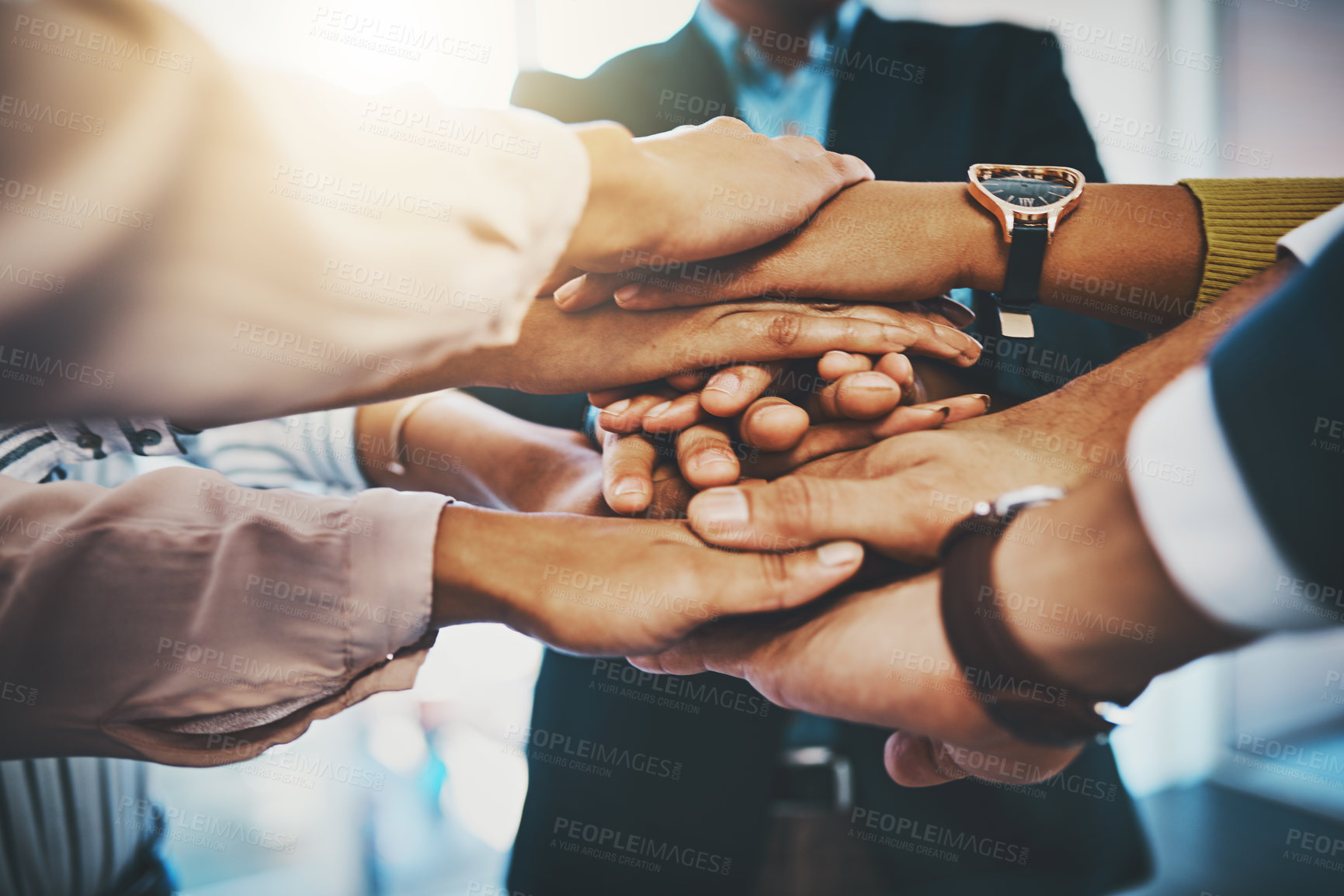 Buy stock photo Hands, team building and business people huddle for collaboration, synergy and support. Group, closeup and workers stack together for community solidarity, trust and cooperation for target in office