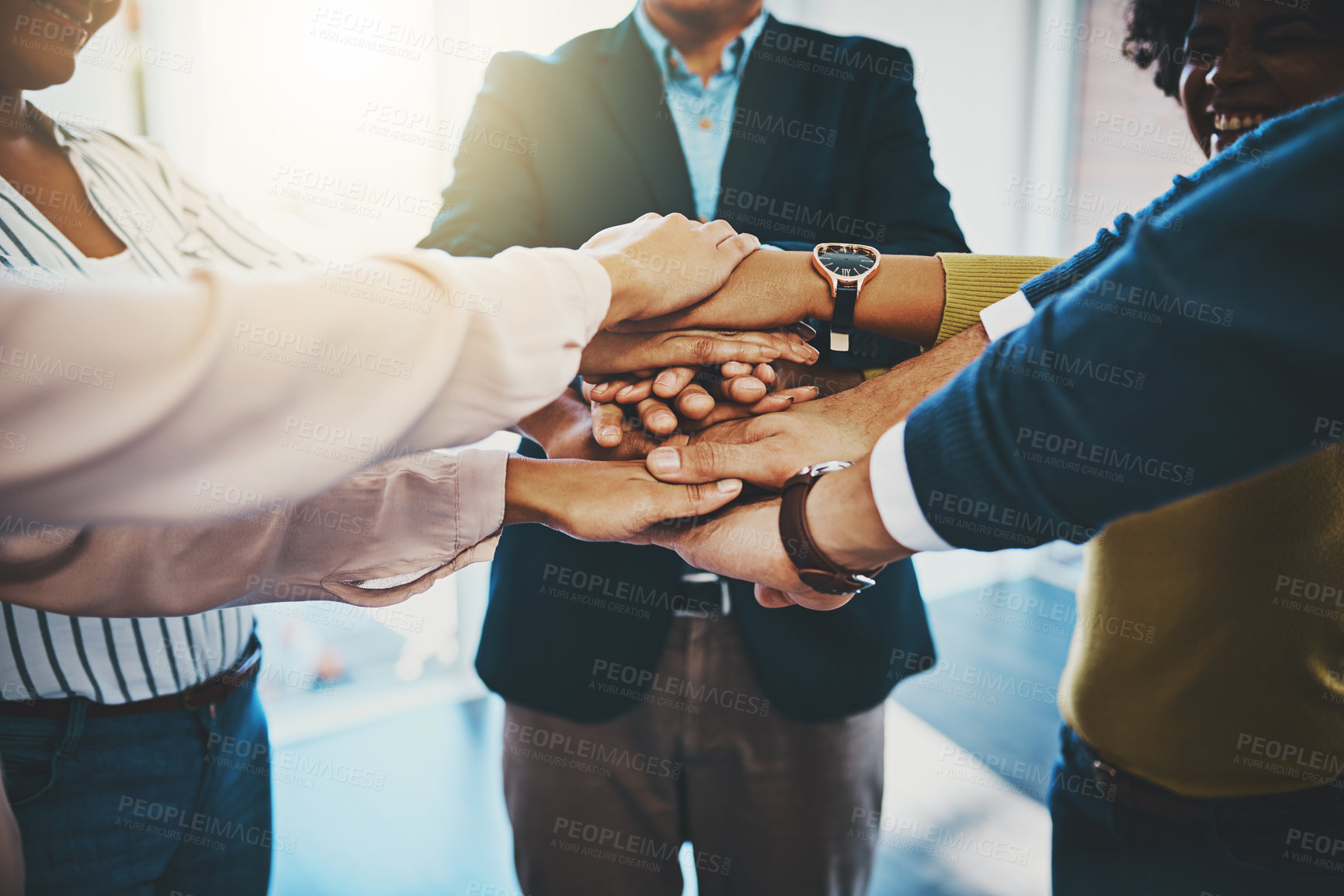 Buy stock photo Hands, team building and business people huddle for cooperation, synergy and support. Group, closeup and workers stack together for community solidarity, trust and collaboration for target in office