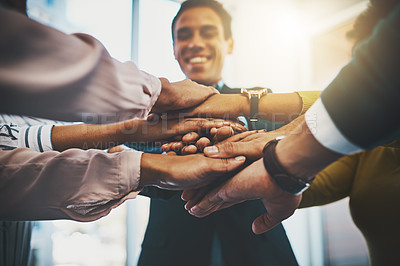 Buy stock photo Stack hands, team building and business people in cooperation, synergy and support. Group, closeup and workers huddle together for community solidarity, goal and collaboration for mission in office