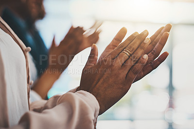 Buy stock photo Business people, applause and hands at job presentation with motivation, teamwork and collaboration in office. Success, clapping and closeup with company group and solidarity at meeting with support