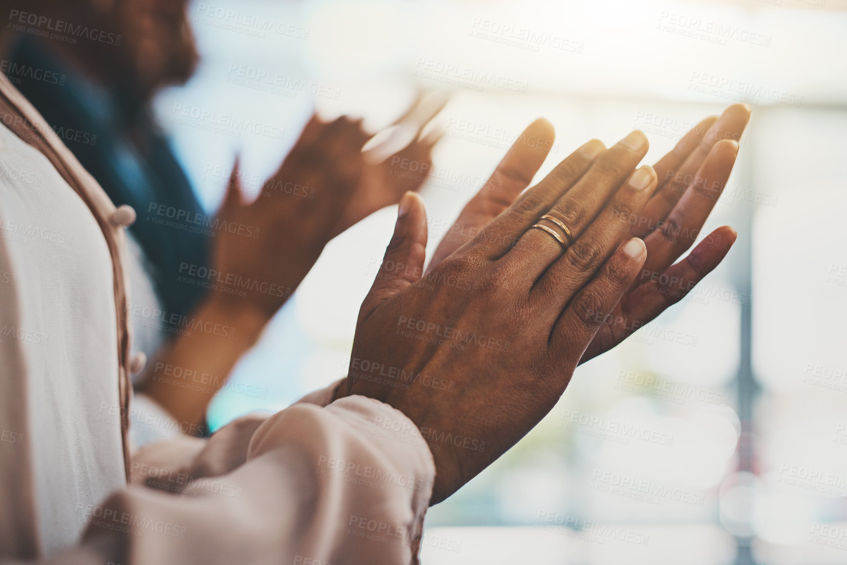 Buy stock photo Business people, applause and hands at job presentation with motivation, teamwork and collaboration in office. Success, clapping and closeup with company group and solidarity at meeting with support