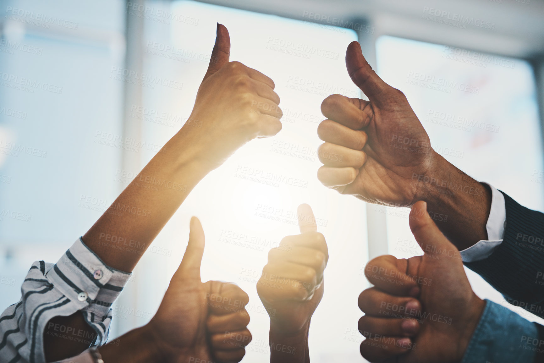 Buy stock photo Closeup shot of a group of unrecognizable  businesspeople showing thumbs up in an office