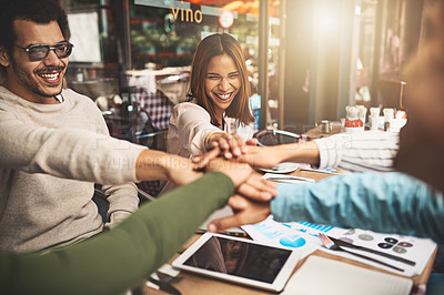 Buy stock photo Stack hands, group or happy business people with success celebrate and pov. Teamwork, win and workers huddle together for sales results, community or collaboration for goal in startup meeting in cafe