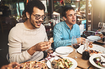 Buy stock photo People, wine and eating at restaurant for bonding, social event and community for talking. Friends, laughing and funny conversation with alcohol for love in relationship, pizza dinner and together