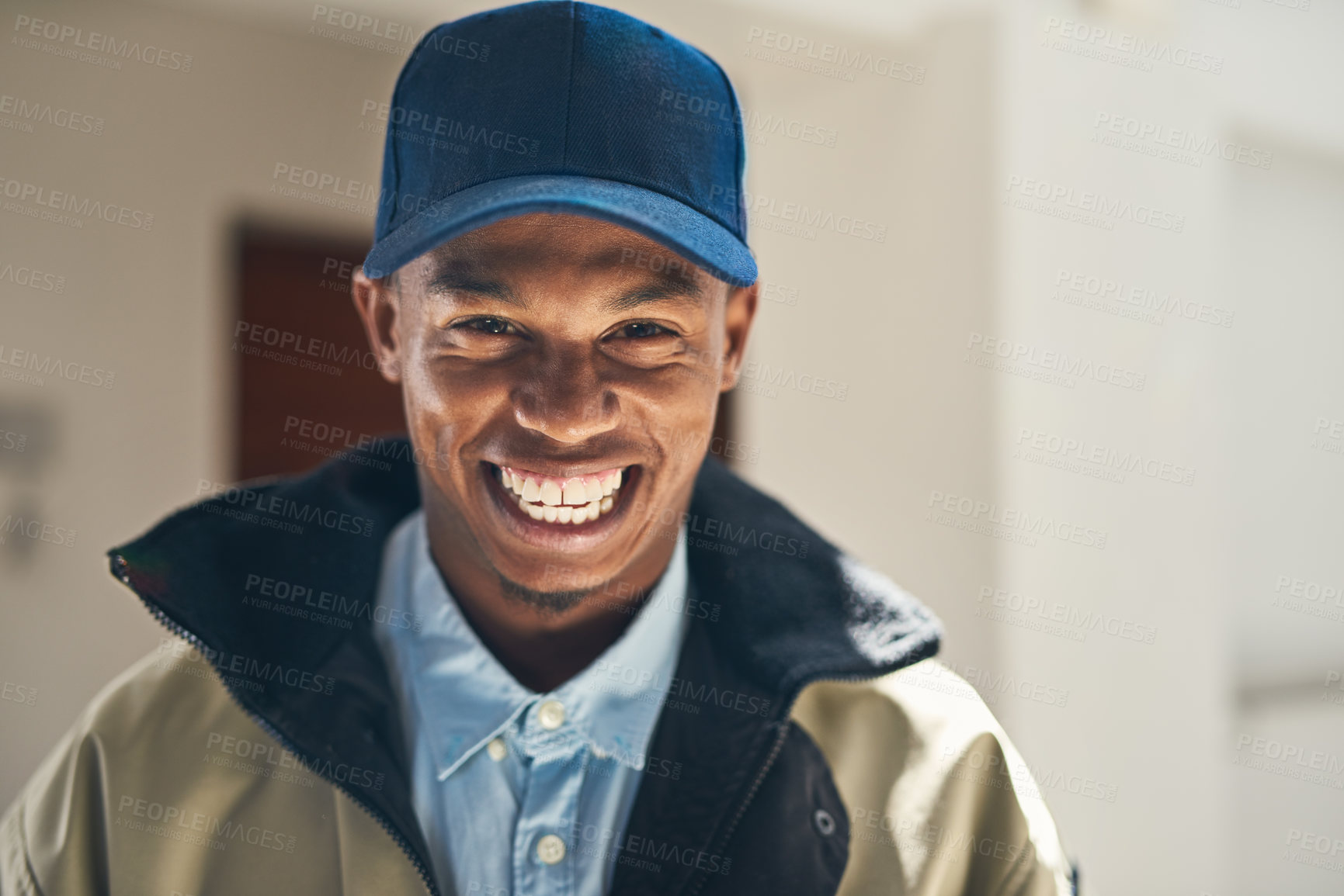 Buy stock photo Courier, business and portrait of black man with smile for supply chain, industry and confidence. Happy, delivery person and cap with pride outside house for commercial, transportation and logistics