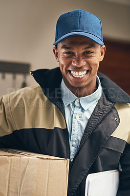 Buy stock photo Portrait of a courier making a delivery