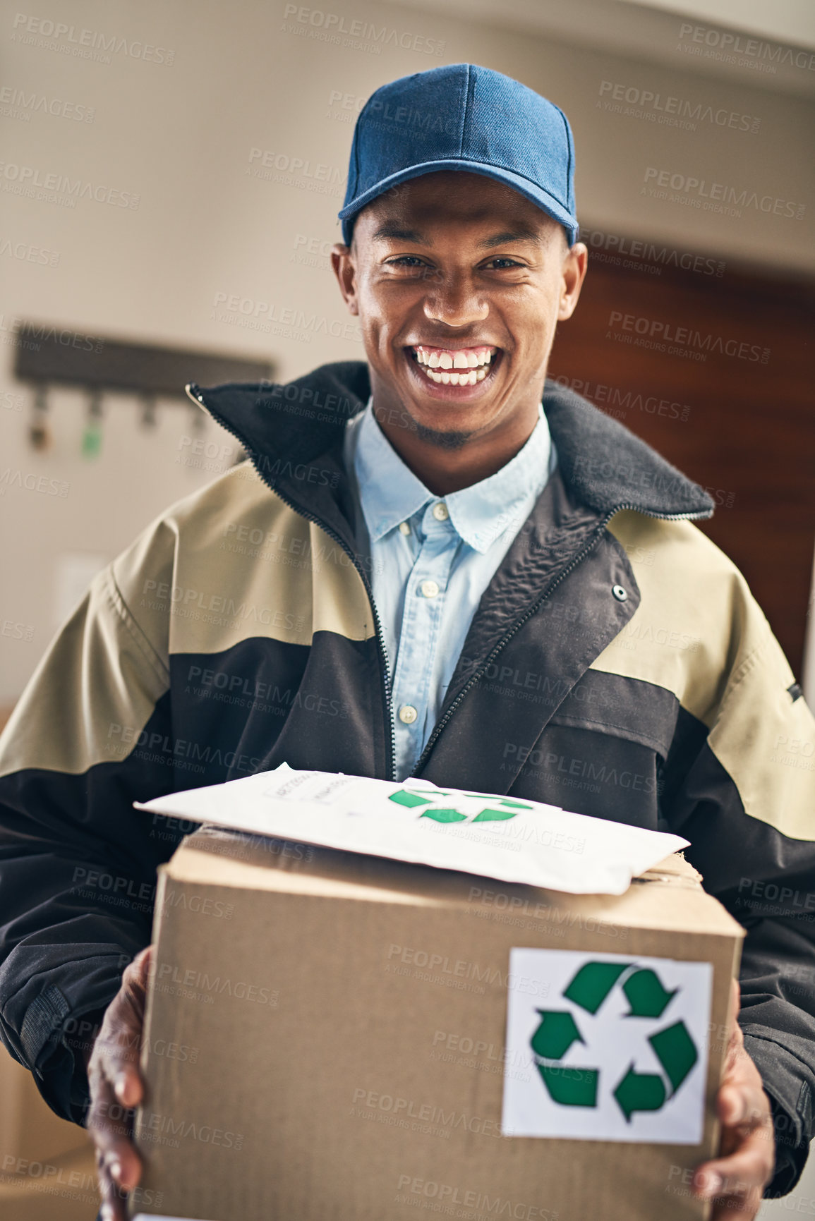 Buy stock photo Happy man, portrait and box with delivery for order in logistics, transportation or recycle product at home. Male person or courier guy with smile, parcel or package for cargo service or supply chain