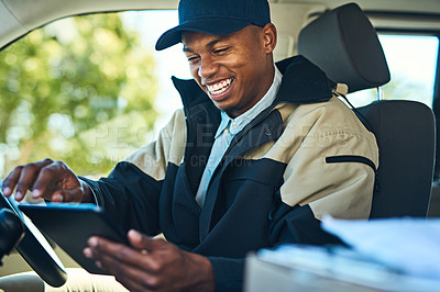 Buy stock photo Delivery, courier van and black man with tablet for distribution, shipping logistics and transport. Ecommerce, online shopping and male worker on digital tech to deliver package, order and product