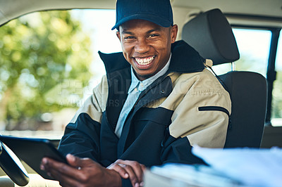 Buy stock photo Delivery, courier and portrait of black man on tablet for distribution, shipping logistics and transport. Ecommerce, van driver and happy male worker on digital tech for package, parcel or order