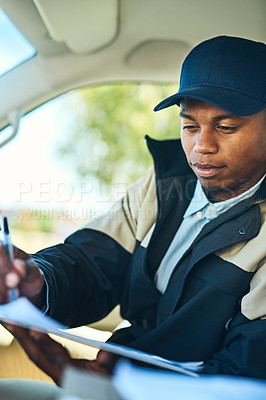 Buy stock photo Delivery, courier van and black man with clipboard for distribution, shipping logistics and transport. Ecommerce, online shopping and male worker with checklist to deliver package, order and product
