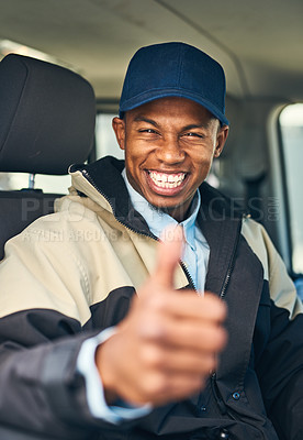 Buy stock photo Portrait of a courier showing thumbs up while driving a delivery van
