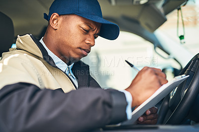 Buy stock photo Delivery, courier van and black man with checklist for distribution, shipping logistics and transport. Ecommerce, online shopping and male worker writing on form to deliver package, order and product