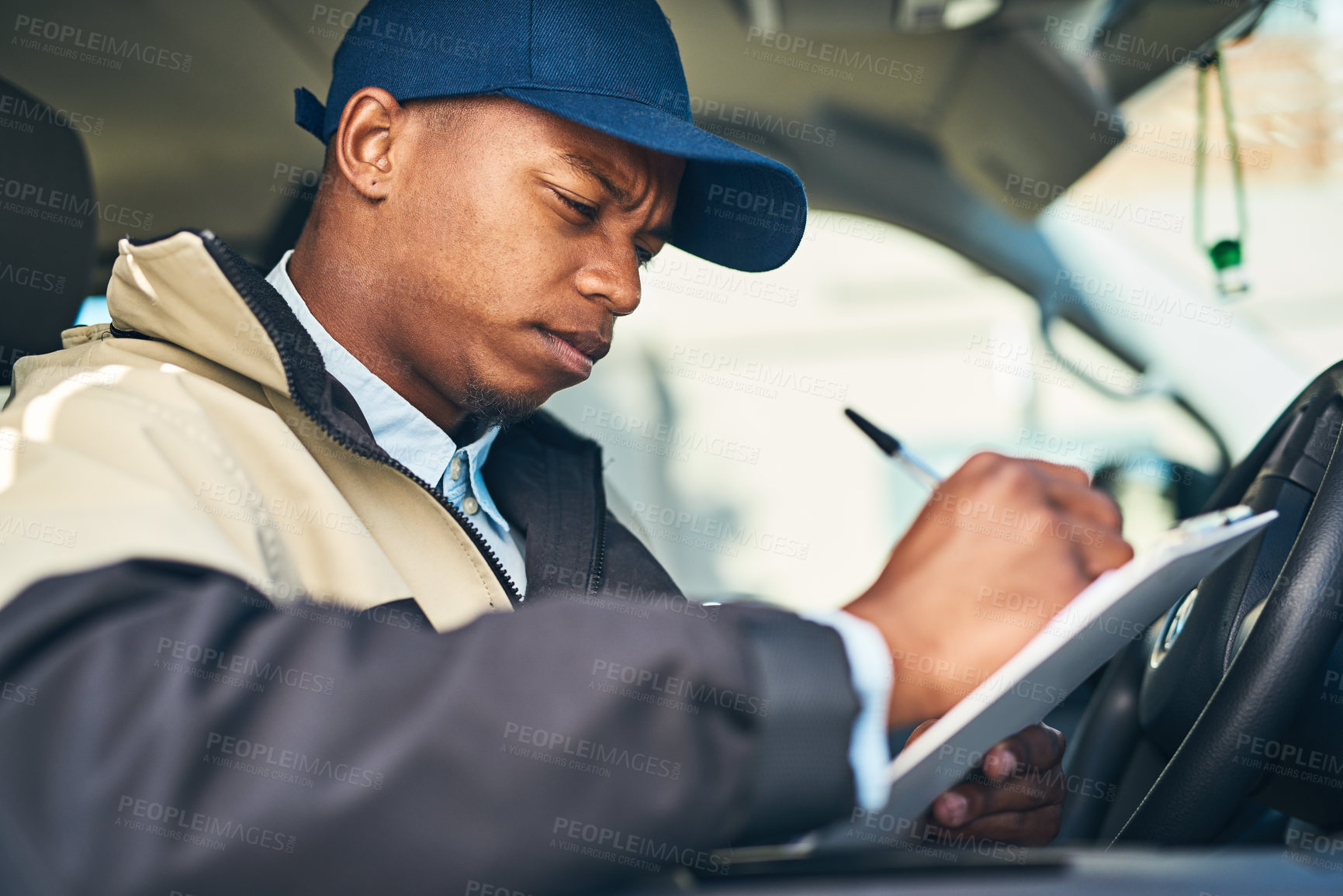 Buy stock photo Delivery, courier van and black man with checklist for distribution, shipping logistics and transport. Ecommerce, online shopping and male worker writing on form to deliver package, order and product