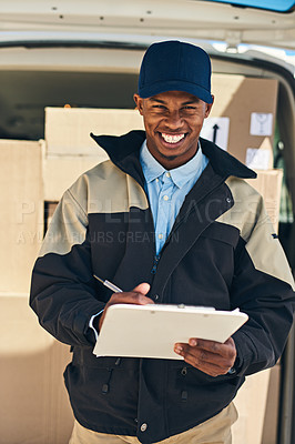 Buy stock photo Portrait of a courier checking the deliveries in his van
