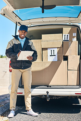 Buy stock photo Black man, portrait and clipboard with van for checklist, supply chain or delivery in logistics. Happy African, male person or courier guy with smile for box, parcel or package service in city street