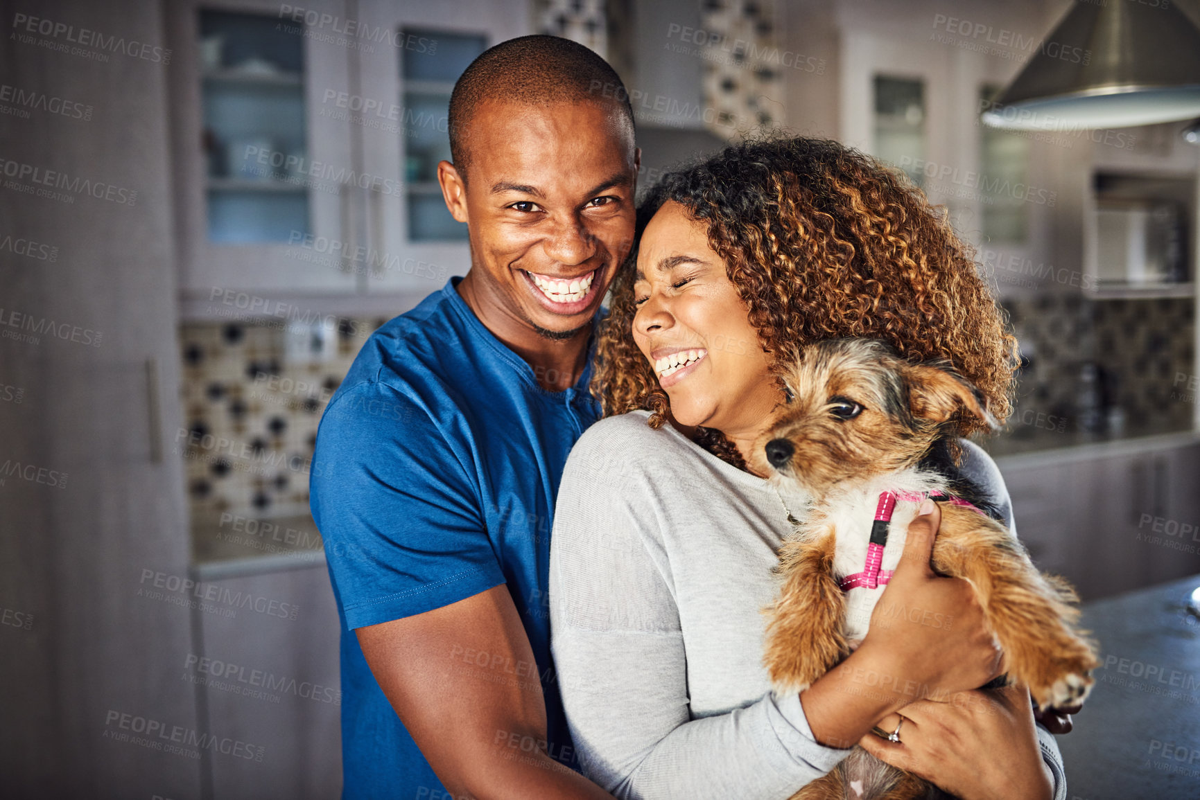 Buy stock photo Cropped shot of an affectionate young couple standing with their puppy in the kitchen at home